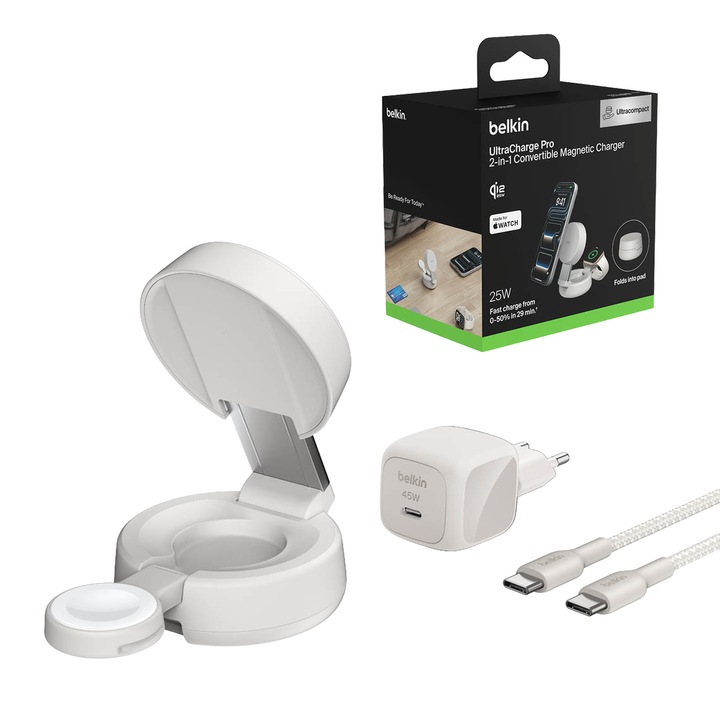 Incarcator magnetic 2in1 Belkin UltraCharge Pro, 25W, piersica, 6,7x3,7x6cm