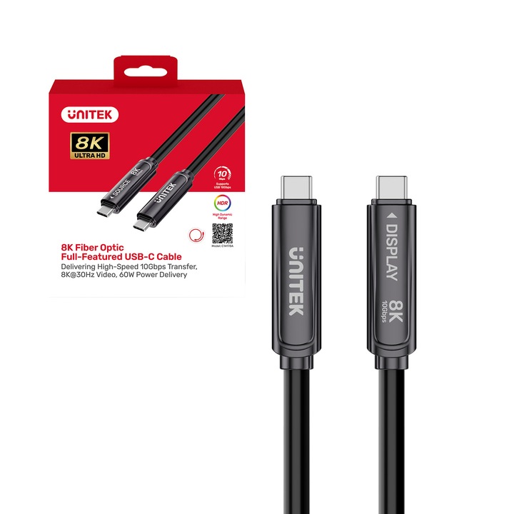 Unitek USB-C kábel 15m, 8K 30Hz, 10Gbps, fekete