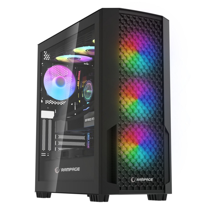Rampage Shelob Mid Tower PC ház, 4 ARGB ventilátor, fekete, E-ATX, 420mm