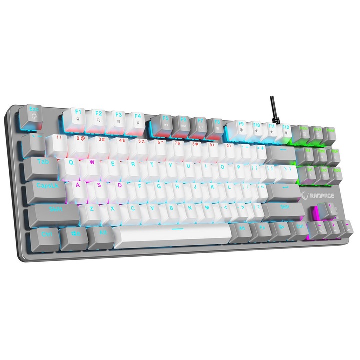 Механична клавиатура Rampage SNUG K14, компактна, RGB многоцветна, бяло-сива, 359x129x37mm