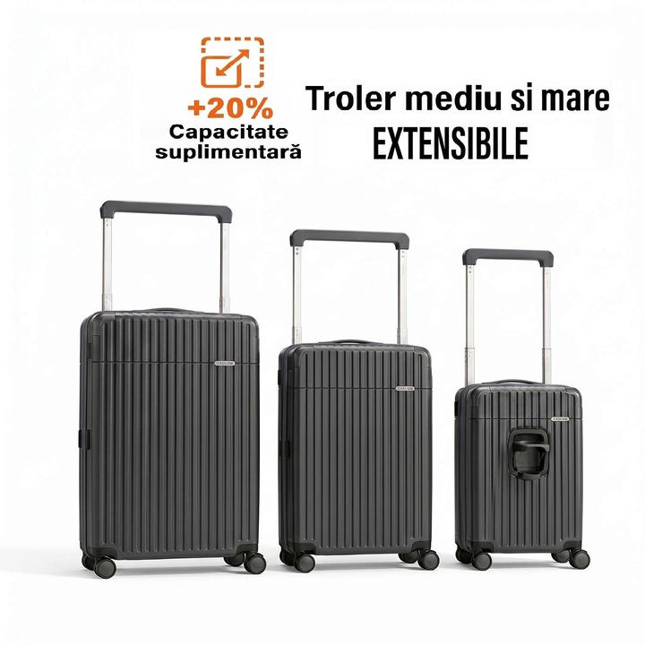Set 3 Trolere Polipropilena special flexibil, Anti-casabil, Design cu maner LAT pentru stabilitate si spatiu suplimentar, Marime S+M+L, Fermoar antifurt, Extensibile, Gri-negru, 180, CASLON ®