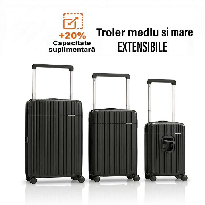 Set 3 Trolere Polipropilena special flexibil, Anti-casabil, Design cu maner LAT pentru stabilitate si spatiu suplimentar, Marime S+M+L, Fermoar antifurt, Extensibile, Negru Tipar, 180, CASLON ®