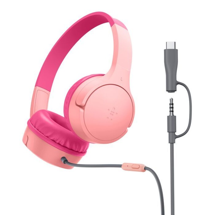 Casti cu fir Belkin SoundForm Mini roz pentru copii cu microfon
