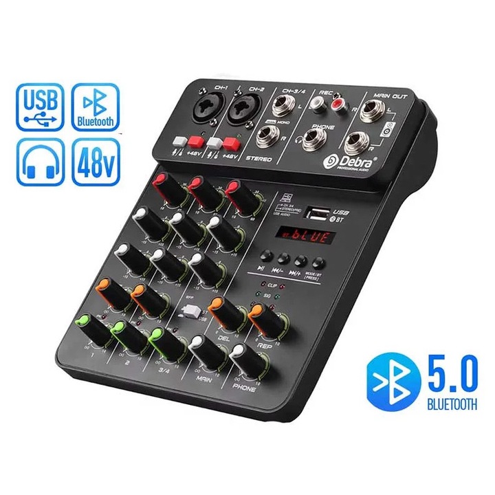 Keverőpult 4 csatornás USB BT 48W
