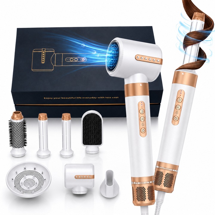 Uscator de par StfTauc® 7+1 cu display LED, aparat electric multifunctional pentru uscare si coafare, set cu accesorii pentru volum, netezire, definire si modelare, utilizare acasa sau salon, styling rapid si par aranjat zilnic, look ingrijit