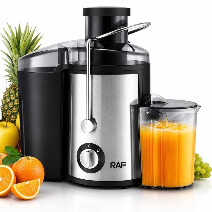 Storcator de Fructe si Legume RAF R.2817S, 1000W, 2 Viteze, Gura Larga 65 mm, Lama din Otel Inoxidabil, Recipient pentru Pulpa, Pahar pentru Suc, Sistem Anti-Picurare, Curatare Usoara, Extractie Rapida, Argintiu/Negru