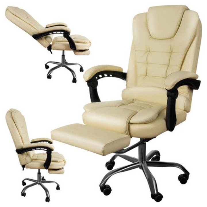 Ergonomikus Irodai Szék Kinyitható Lábpihentetővel, Dőlőfunkcióval, Hátfájás Enyhítésére, Dupla Párnával, Krém Színű Műbőrrel, Karcolásmentes Poliuretán Kerekekkel, Krómozott Fém Talppal, Max 140Kg