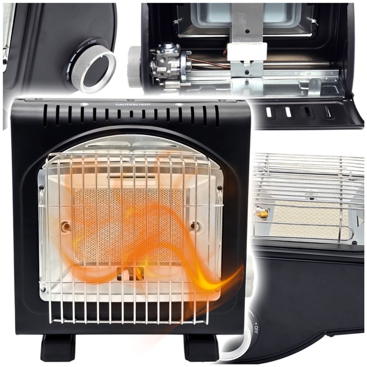 Incalzitor si aragaz portabil de camping 2 in 1, radiator cu arzator ceramic pe cartus, 1700 W, pe gaz, aprindere piezoelectrica, functie de incalzire si gatit, otel, negru