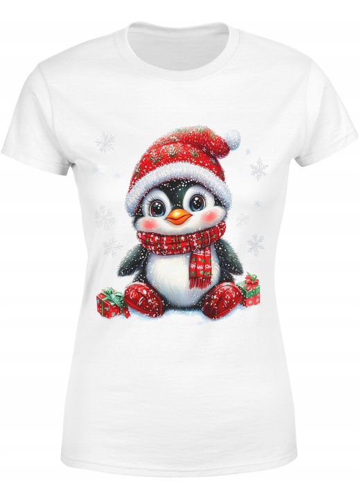 Tricou dama, Pinguin, Craciun, alb, bumbac
