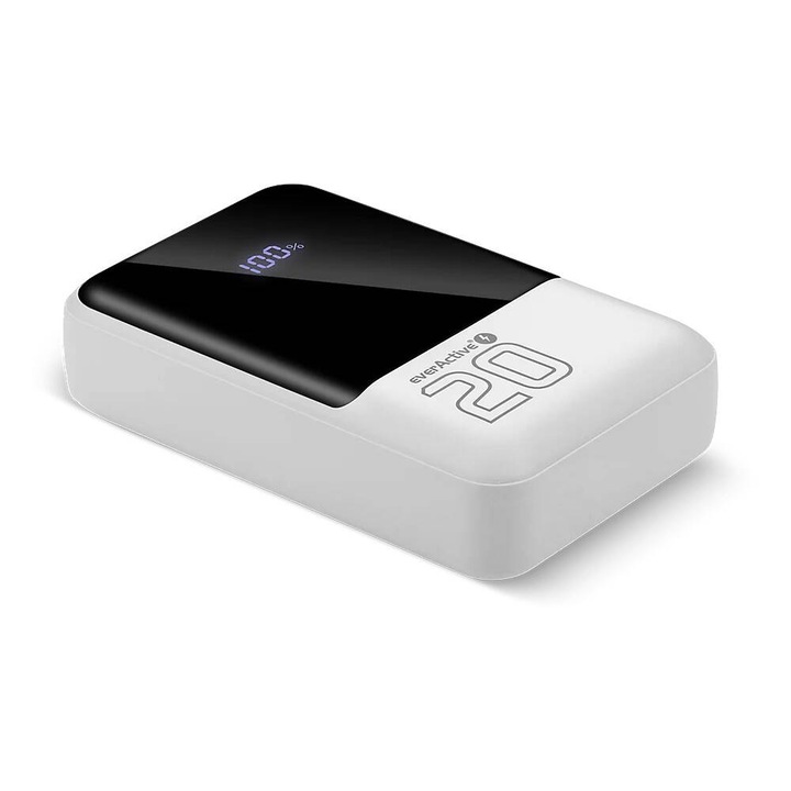 Baterie Externa EverActive 20000mAh 2x USB 1x USB-C 22, 5W QC4+ LCD Alb