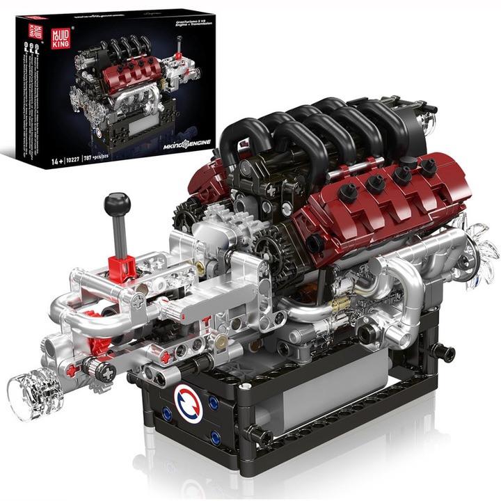 Set de Constructie, Mould King,10227, Motor V8 Electric, 787 Piese,23x15x13,4 cm, Motor Functional cu Pistoane Mobile, Model Mecanic STEM, Kit Inginerie Auto, Cadou pentru Pasionati Auto, 14+ Ani