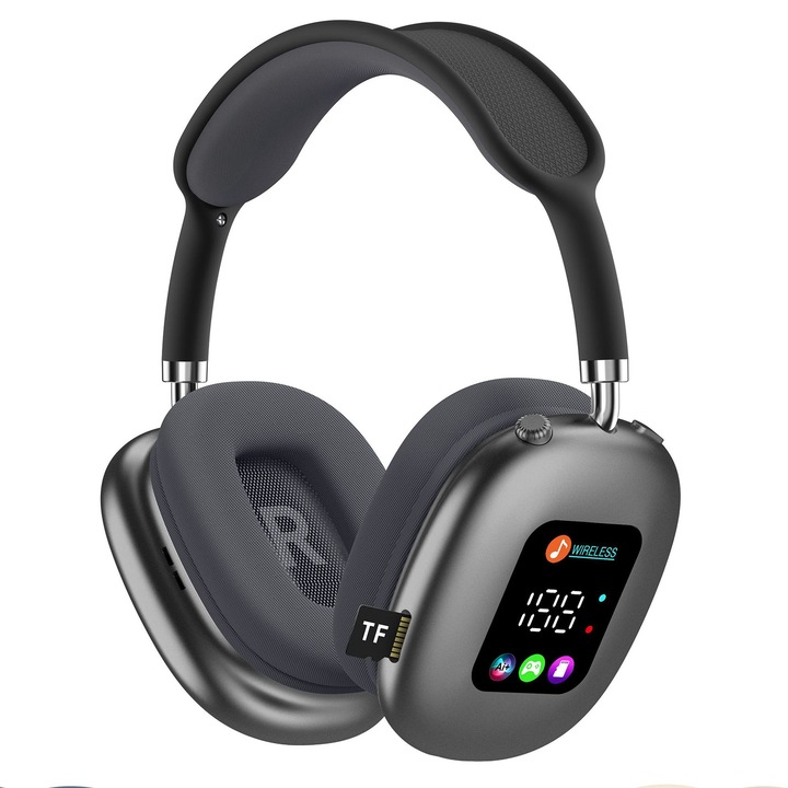 Vezeték nélküli Bluetooth fejhallgató, On-Ear vezeték nélküli fejhallgató, HiFi sztereó hangzás, Mikrofon, TF kártyahely, Mikrofon, Bluetooth 5.4, 30 óra vezeték nélküli üzemidő, Fekete