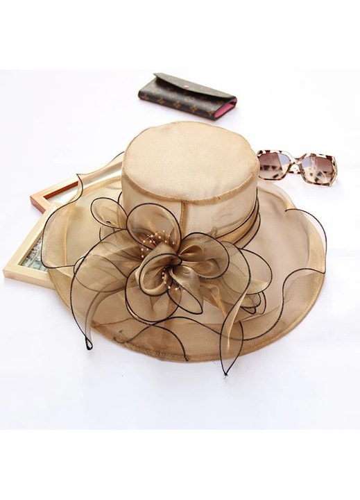 Palarie dama, protectie solara, decor floare plasa, organza, lata, alba