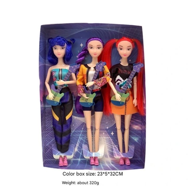 Set 3 papusi K-pop Demon Hunters Rumi, Mira, Zoey, din plastic dur, cu chitara sau microfon, de colectie, pentru 14+, Multicolor