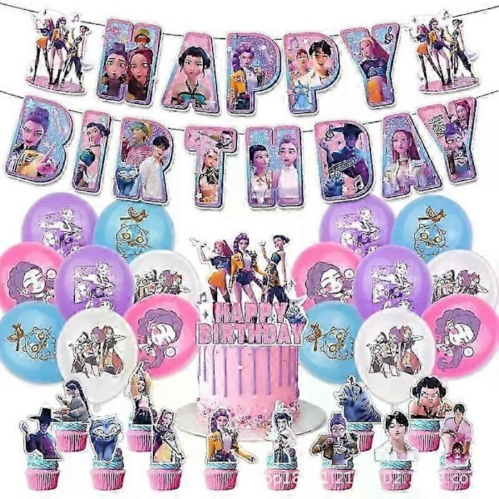 Set decoratiuni petrecere Kpop Demon Hunters, banner Happy Birthday din hartie, 24 steaguri + 1 steag mare, 20 baloane din latex natural, toppere tort si cupcake, Multicolor, 1 set