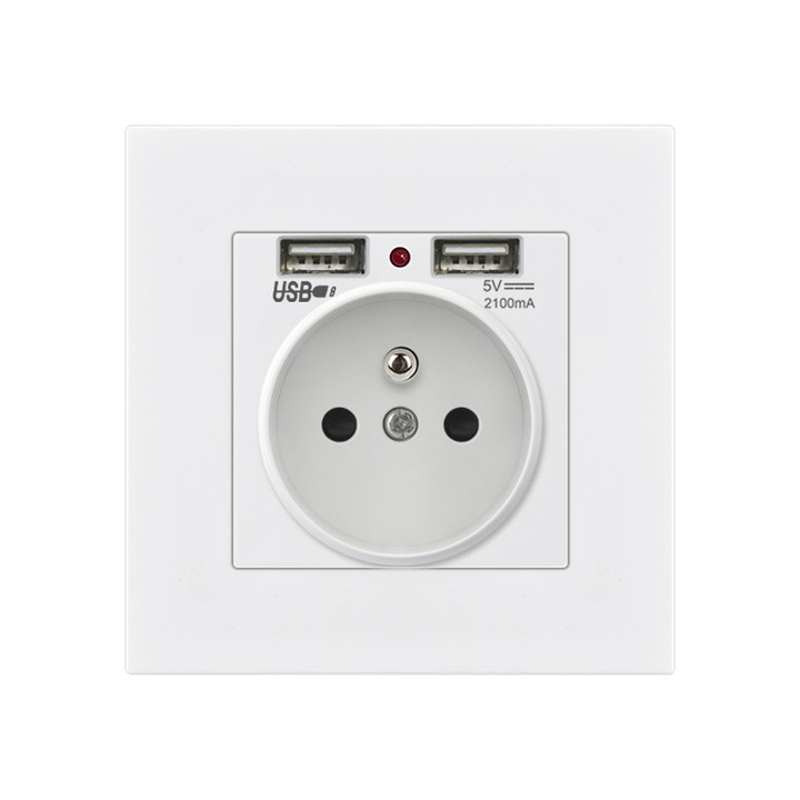 Комплект стенни контакти с двоен USB 5V 2.1A, огнеупорна пластмаса, 60x60mm
