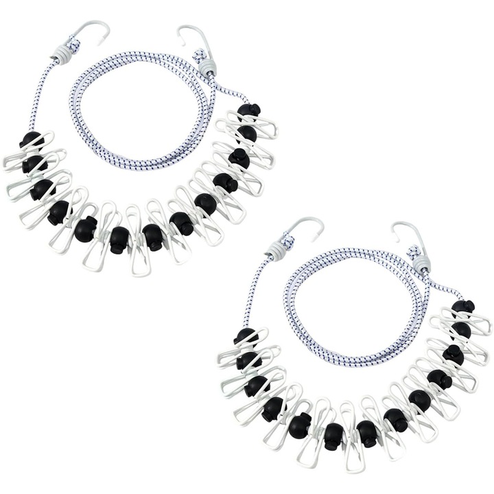 Set 2 corzi rufe extensibile cu carlige antirugina si 12 cleme, 3m, negru