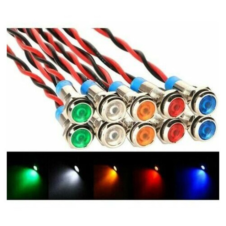 10 db LED-es fém visszajelző lámpa készlet, többszínű, 6mm, 12-24V, univerzális járművekhez