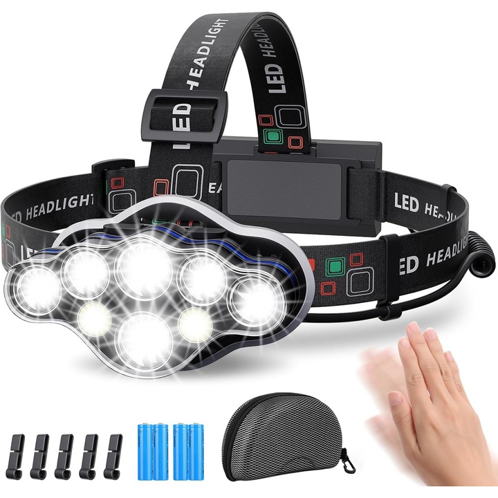 Fejlámpa, 18000 lumen 8 LED-del, 8 világítási móddal, USB-ről tölthető, ultraerős LED fejlámpa, 90°-ban állítható fényszög, vízálló és könnyű horgászathoz, kempingezéshez, olvasáshoz, túrázáshoz