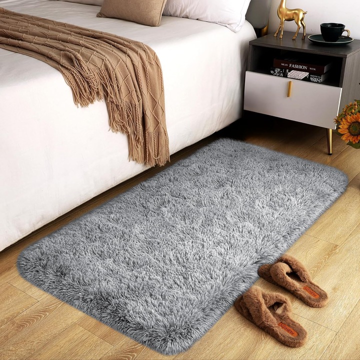 Сив килим за спалня, противоплъзгащ, пухкав, shaggy, супер мек, с къс и плътен косъм, който не пада, за всекидневна, 50 см x 80 см