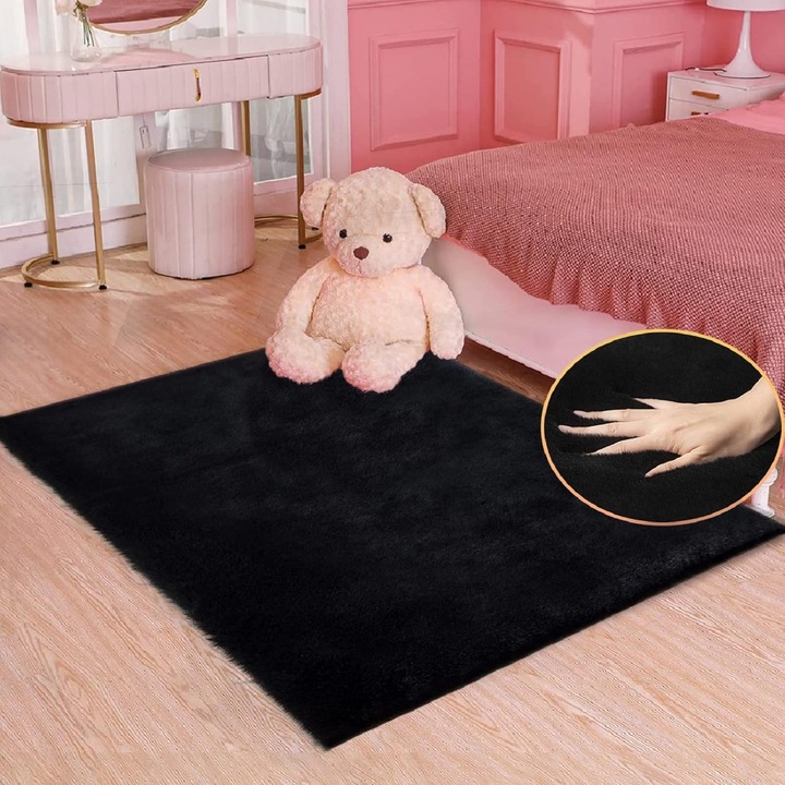Covor dormitor, lavabil, negru, plusat, 80 x 160 cm, covor pat, covor blana, blana artificiala, covor cu fir scurt, moale, sufragerie, covor copii, decorativ, dreptunghiular