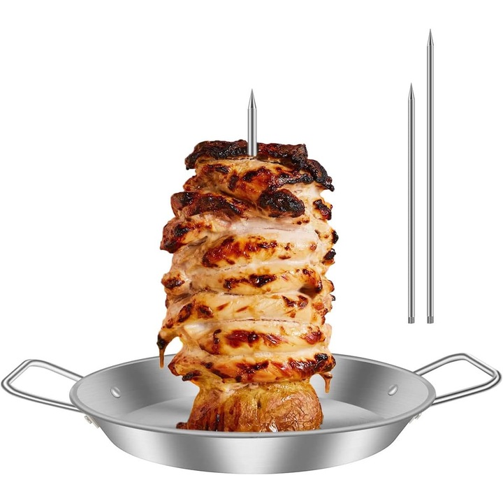 Frigarui verticala pentru carne, gratar vertical din otel inoxidabil pentru gratar cu 3 tepi de schimb, gratar brazilian, frigarui de carne cu tava de scurgere pentru pui intreg, peste, carnati, friptura