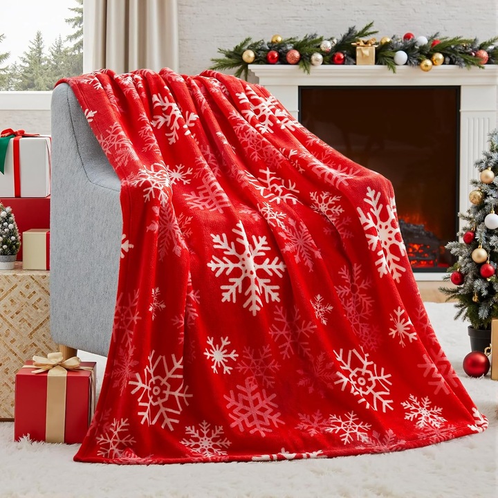Patura flanela moale, rosu, 130x150cm, pentru canapea, calduroasa, decor Craciun