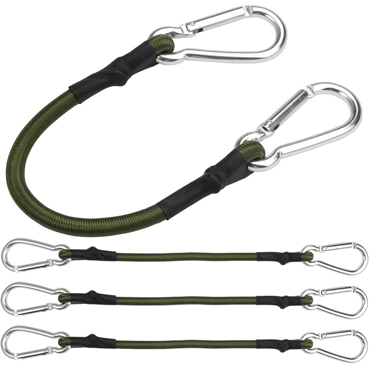 Corzi elastice cu carabina set de 4, 30 cm, diametru 8 mm, verde olive, cu carabiniere metalice, cod E41-X064-E2922