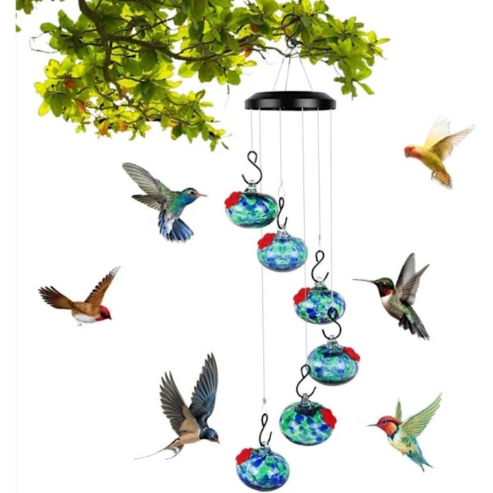 Kézzel fújt üveg kolibri etető tartó, piros, 20x20cm