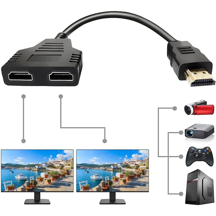 Adaptor HDMI 1 la 2, 1080p, aurit, 30cm