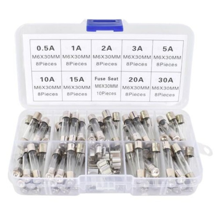 72 db üvegbiztosíték készlet 6x30mm, 9 áramerősség érték, átlátszó, 116g