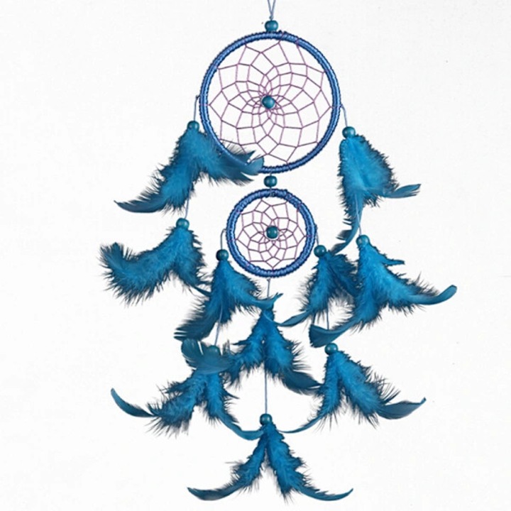 Decoratiune Dream Catcher, cerc metalic, pene albastre, 40x11cm
