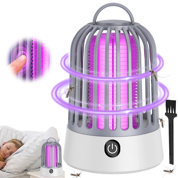 UV rovarcsapda lámpa, Juksun, USB UV rovarcsapda lámpa, 360°-os lefedettség, szúnyog, légy, muslica elleni készülék, rovarok ellen, Csendes, Beltéri és kültéri használatra, 1200mAh, fehér