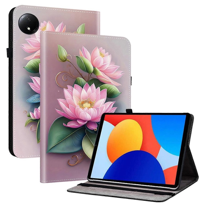 PU bőr TPU tablet tok, nyomtatott mintás, összecsukható állvány, kártyatartó zsebek, gumis, 8.7 inch
