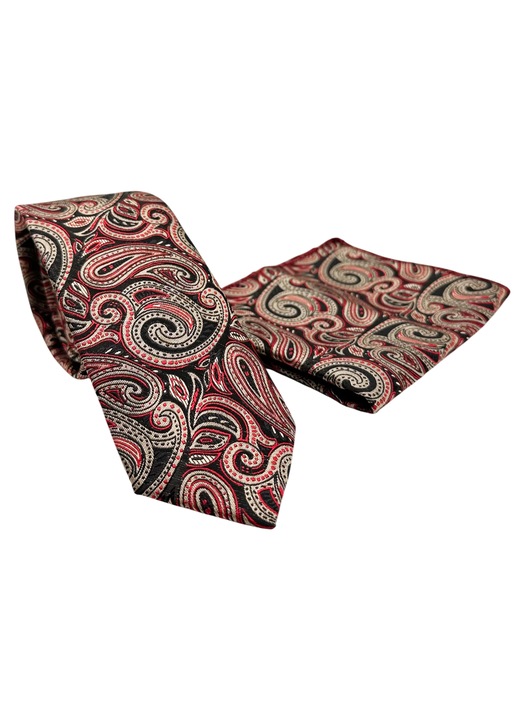 Set cravata slim cu batista Paisley VERONA, PRAVALIA CU SURPRIZE, Negru/ Rosu