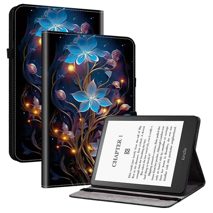 Калъф за таблет Kindle Paperwhite 2024, PU кожа, сгъваема стойка, джобове за карти, черен