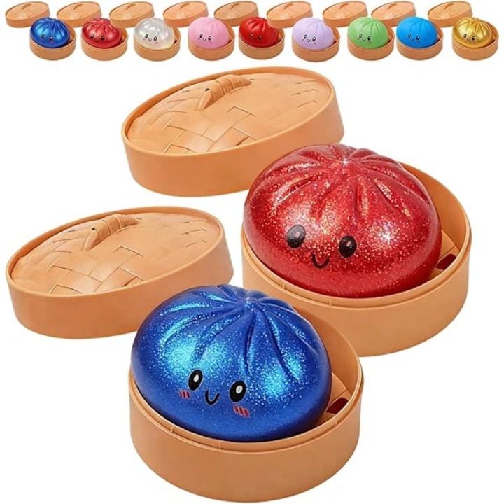 Jucarie squishy Glitter Dumpling, от TPR, ултра-мека, с брокат и усмихнат bao дизайн, преносима 8.5 см, синьо/червено, 1 бр