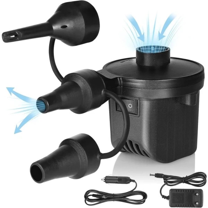 Elektromos légpumpa, 3 fúvóka, hordozható, matrachoz, kempingezéshez, vízhez, úszógyűrűhöz, kompakt