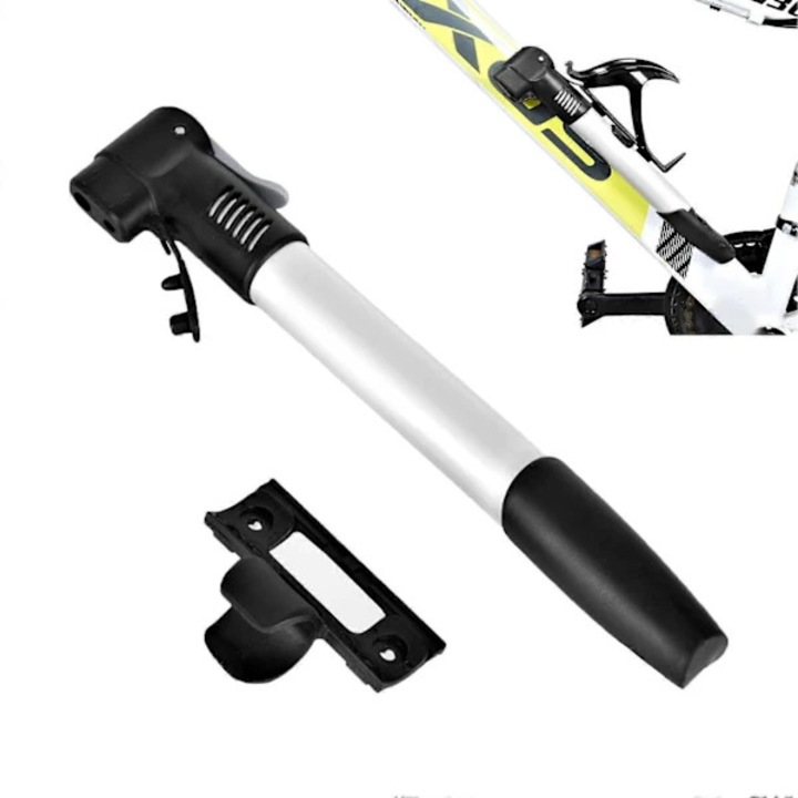 Kerékpár pumpa, alumínium, 100 PSI, Presta és Schrader szelepek, összecsukható fogantyú, rögzítő konzol, fekete
