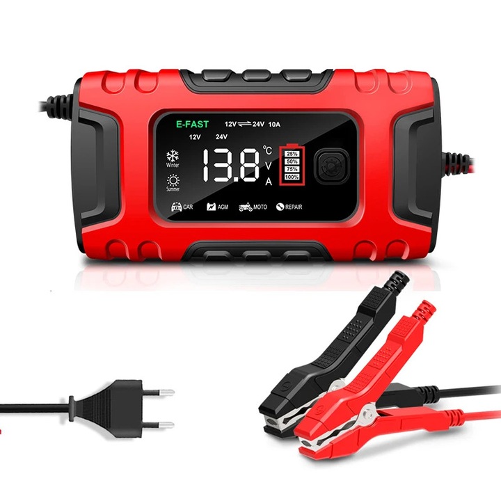 Incarcator baterie auto, 12V 10A / 24V 5A, Intretinere cu impulsuri, Ecran LCD, Incarcare rapida inteligenta, Pentru baterii cu plumb-acid auto si motocicleta, Verde armata