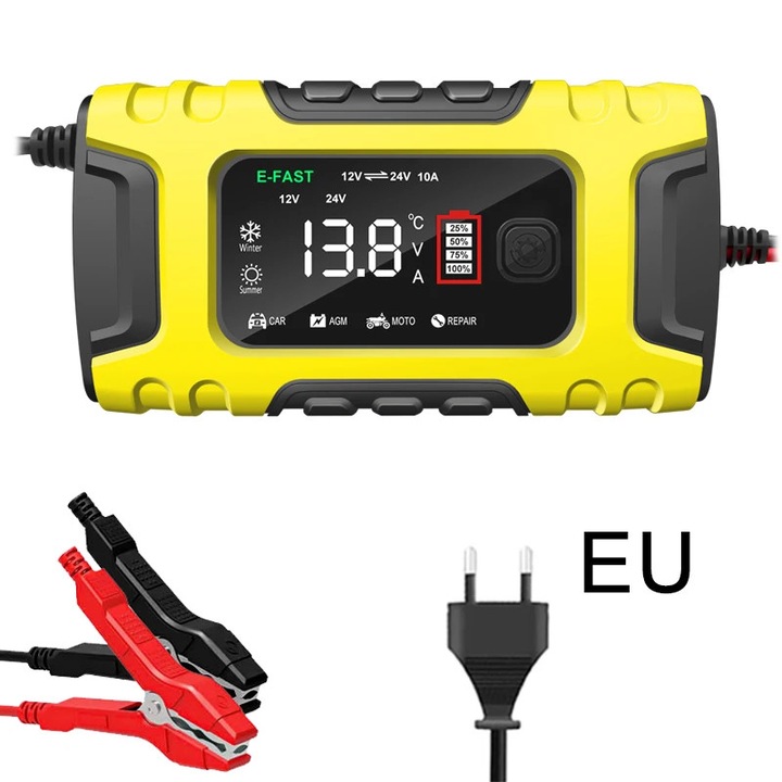 Incarcator baterie auto, 12V/24V 10A/5A, pentru acumulator plumb-acid auto si moto, intretinere cu impulsuri, ecran LCD, incarcare rapida, galben