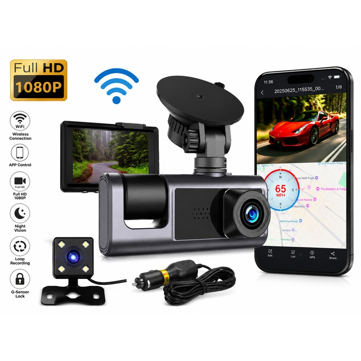 Camera Auto BOENKAI S1, Tripla (Fata, Interior, Spate), Full HD 1080P, Ecran IPS 2.0 inch, Wi-Fi, Control din Aplicatie, Unghi 170°, Mod Noapte, Senzor de Miscare, Negru