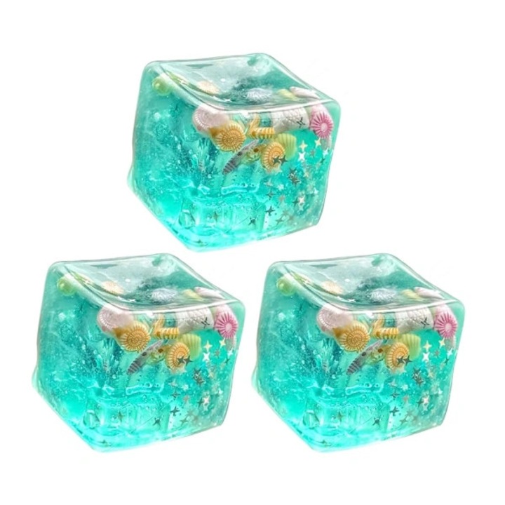 Set 3 bucati, mingi senzoriale antistres din TPR non-toxic, elastice cu recuperare lenta, design cub oceanic cu scoici in interior, albastru marin