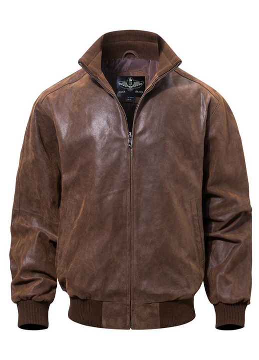 FLAVOR Jacheta bomber din piele naturala pentru barbati jacheta casual, gri, Maro