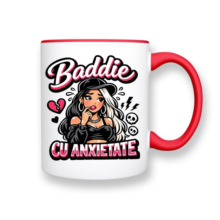 Cana cu mesaj amuzant: "Baddie cu anxietate", alba cu interior rosu, 330ml, ceramica