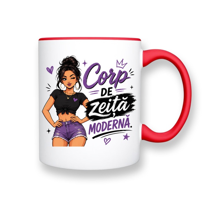 Cana cu mesaj amuzant: "Corp de zeita moderna", alba cu interior rosu, 330ml, ceramica