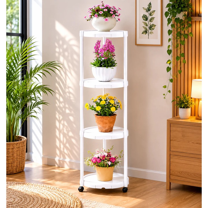 Suport multifunctional pentru flori si plante, cu 4 niveluri si roti, metalic, interior si exterior, alb