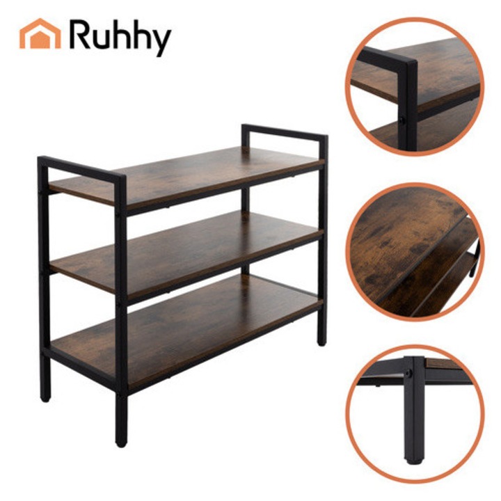 Pantofar Metalic Cu 3 Rafturi Din Lemn Mdf Ruhhy, Organizator Incaltaminte Tip Suport Stil Loft, Rezistent Max 30Kg Per Raft, Cadru Fier Negru Picioare Anti-Zgariere Dimensiuni 58.5x79x30 Cm