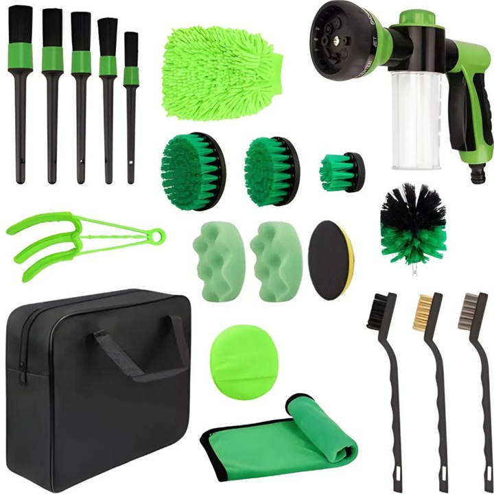 Kit curatare auto VarioShop®, 21 piese pentru detailing interior si exterior, pistol cu rezervor detergent, perii, bureti, lavete microfibra, geanta depozitare