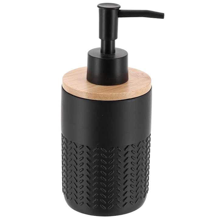 Folyékony Szappanadagoló, TENDANCE, Eira, Nedvességálló Anyagokból, Természetes Bambusz Fedél, Ergonomikus Pumpa, Modern Design Matt Felülettel és Dekoratív Gravírozással, Elegáns Fürdőszobába, 260ml Kapacitás, Fekete